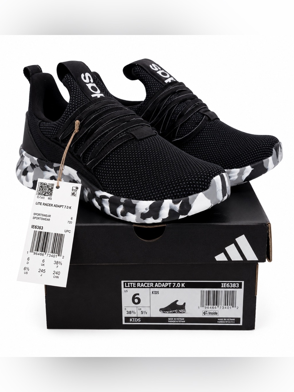 Adidas Lite Racer Adapt 7.0 Kids Size 6 Black Camo Sneakers